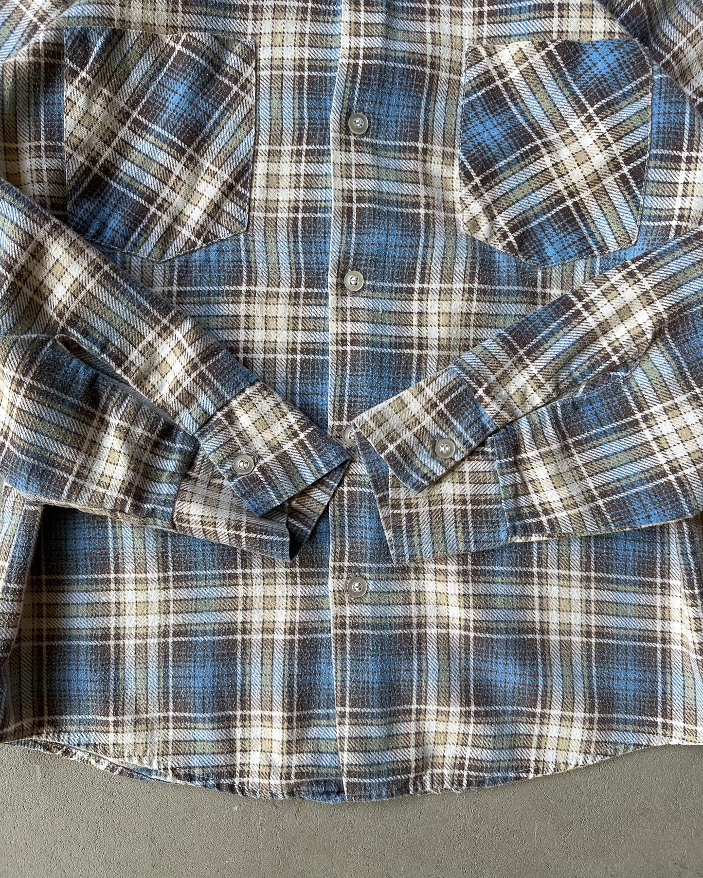 1970s - Blue/Brown Plaid Flannel - XS/S