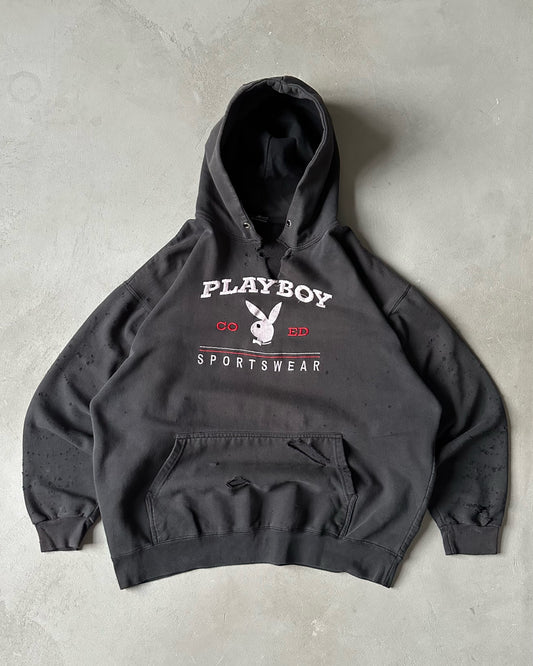 1990s - Distressed Black Playboy Hoodie - L