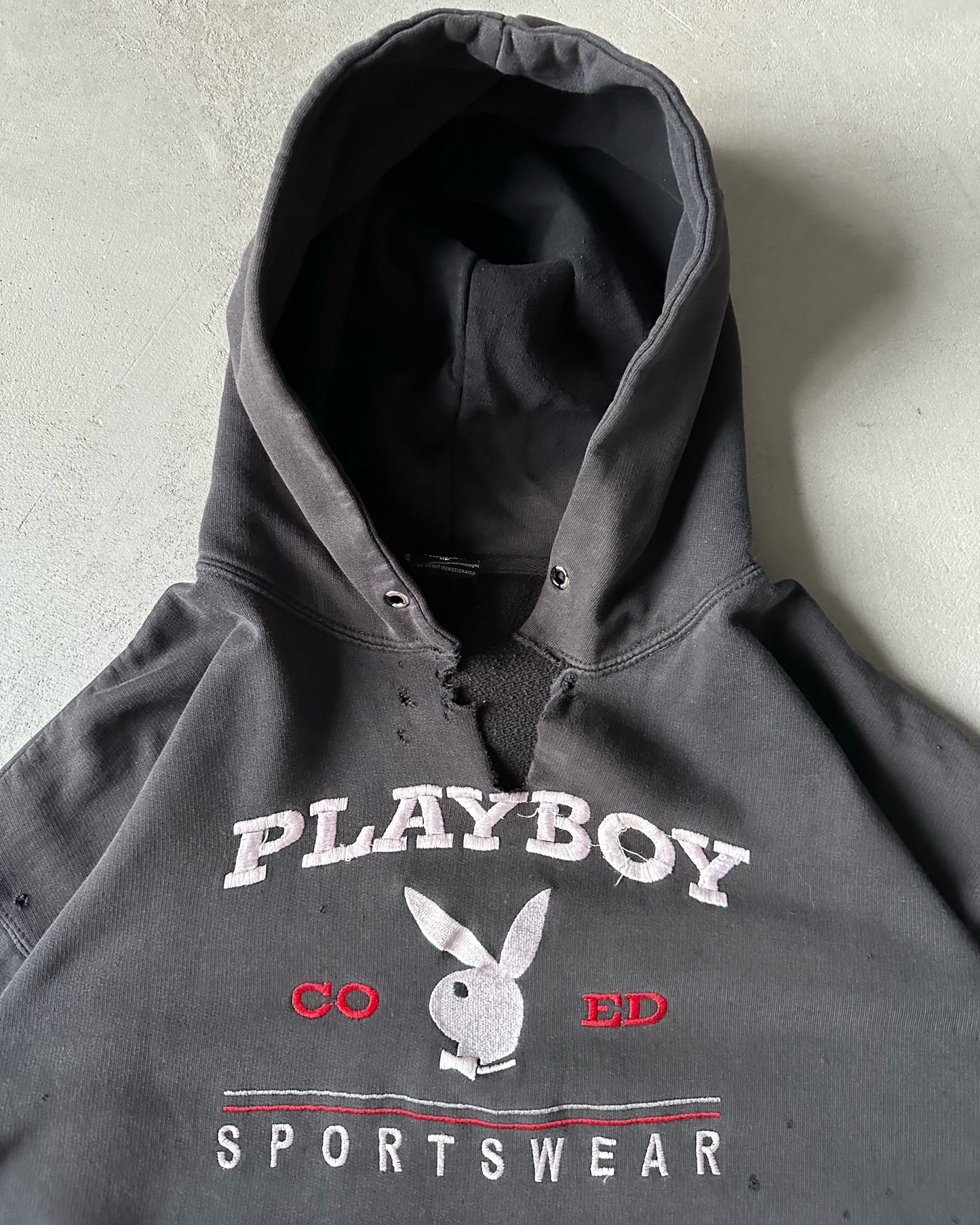 1990s - Distressed Black Playboy Hoodie - L