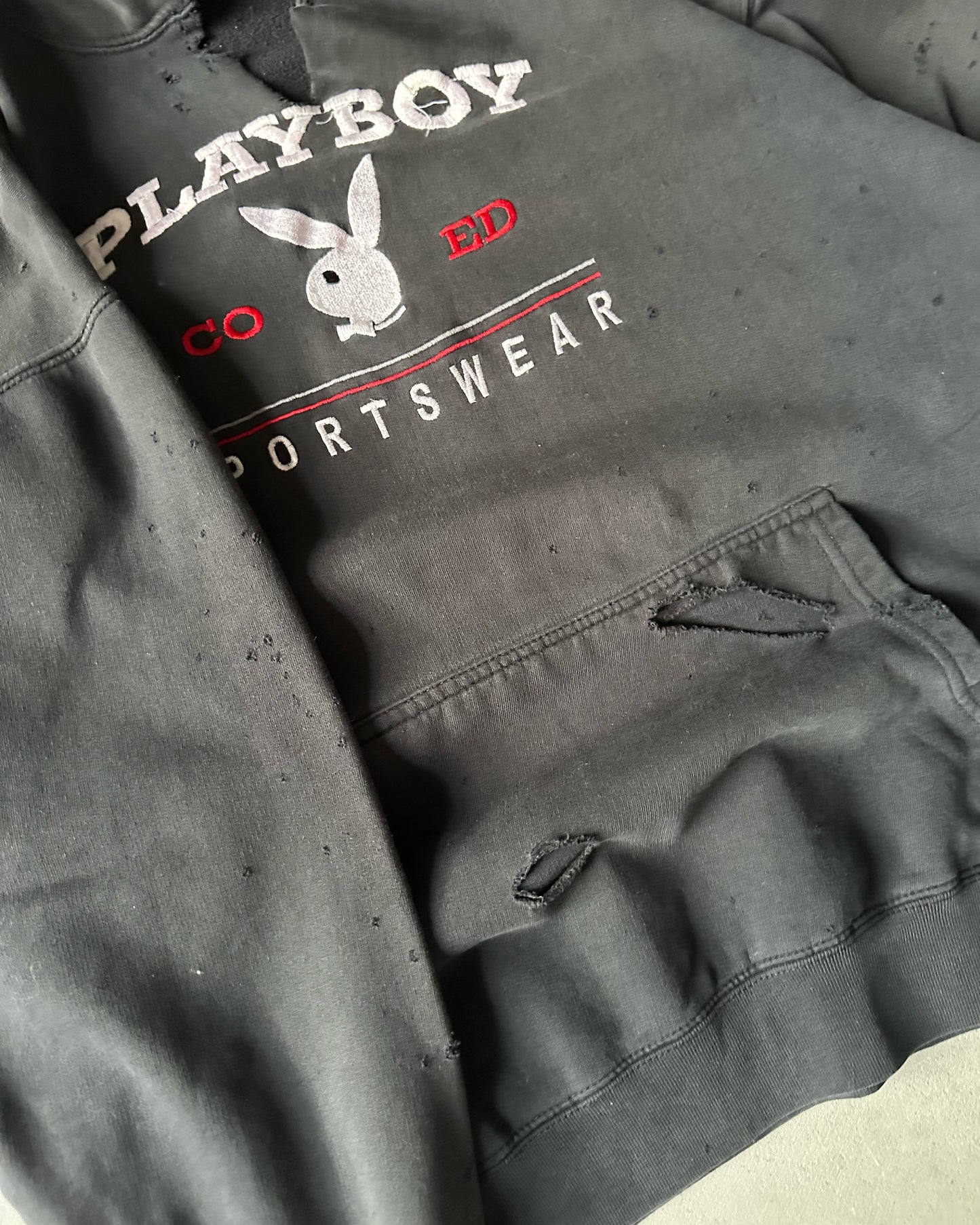 1990s - Distressed Black Playboy Hoodie - L