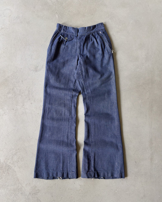 1970s - Distressed Denim Pleated Flare Jeans - 24x30