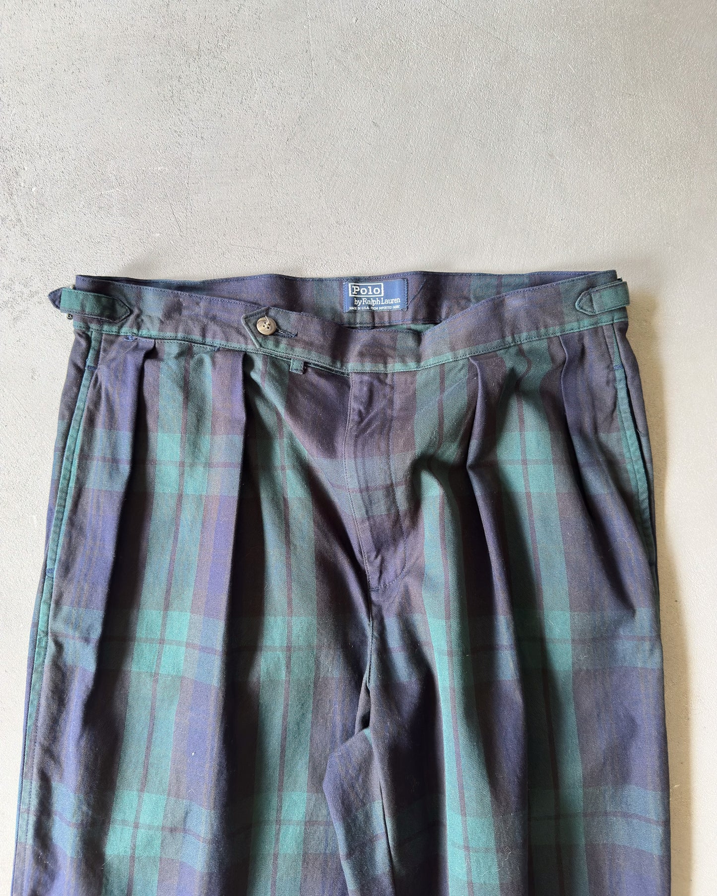 1980s - Navy/Green Polo RL Plaid Trousers - 33x26