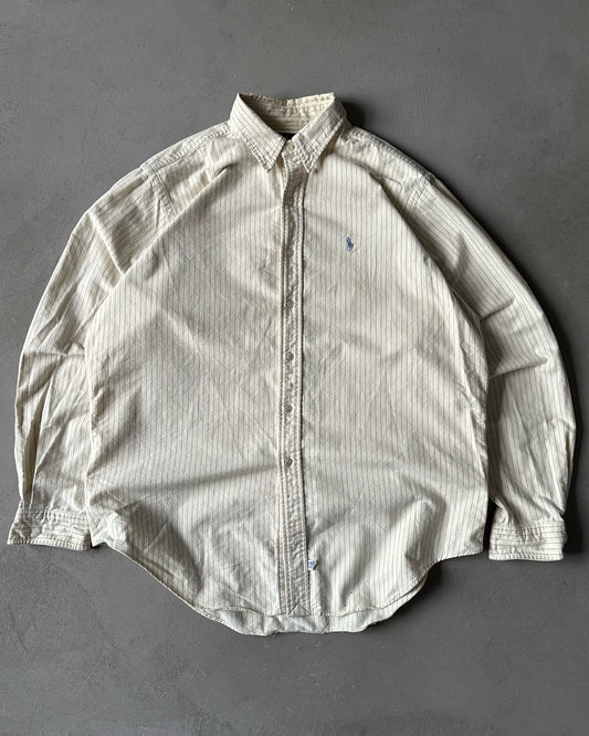 1990s - Cream/Blue Ralph Lauren Striped Chamois Shirt - L