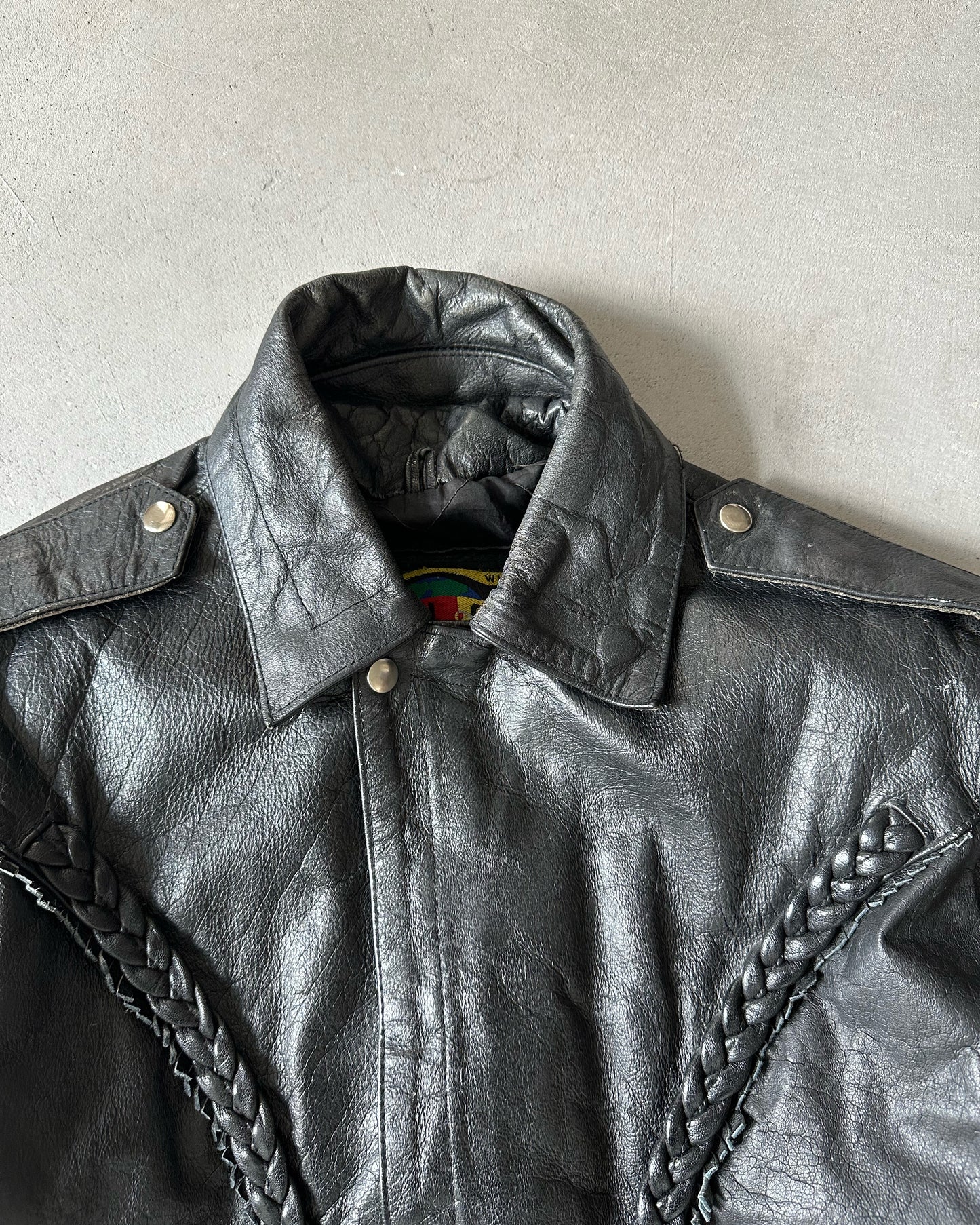 1990s - Black Braided Leather Jacket - S