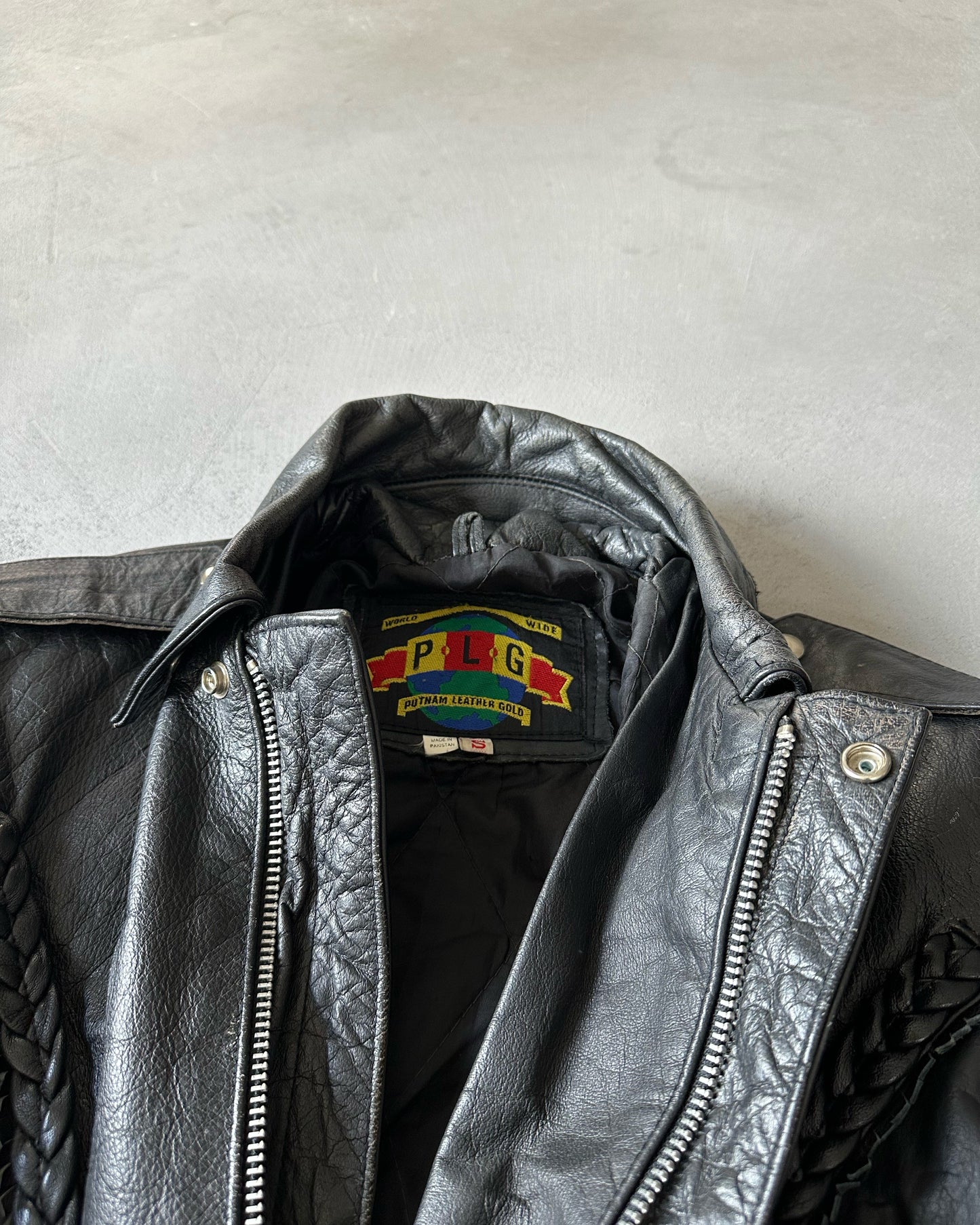1990s - Black Braided Leather Jacket - S