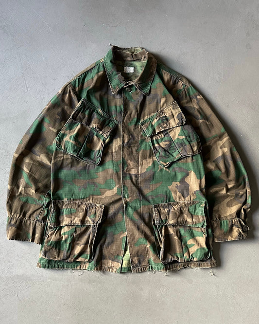 1970s - Camo Ripstop Slant Pocket Military Over Shirt - S