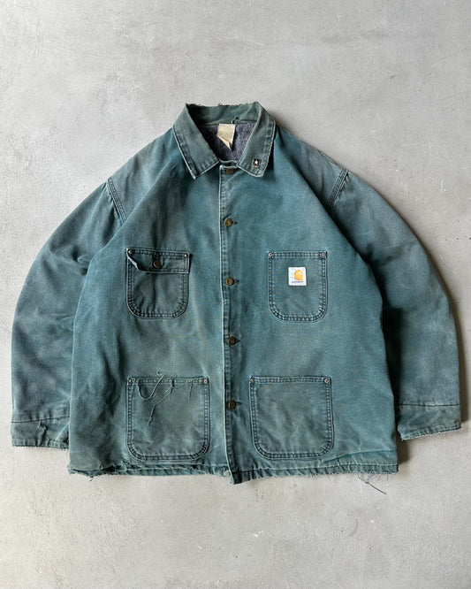 1990s - Distressed Teal Carhartt Chore Jacket - XXL