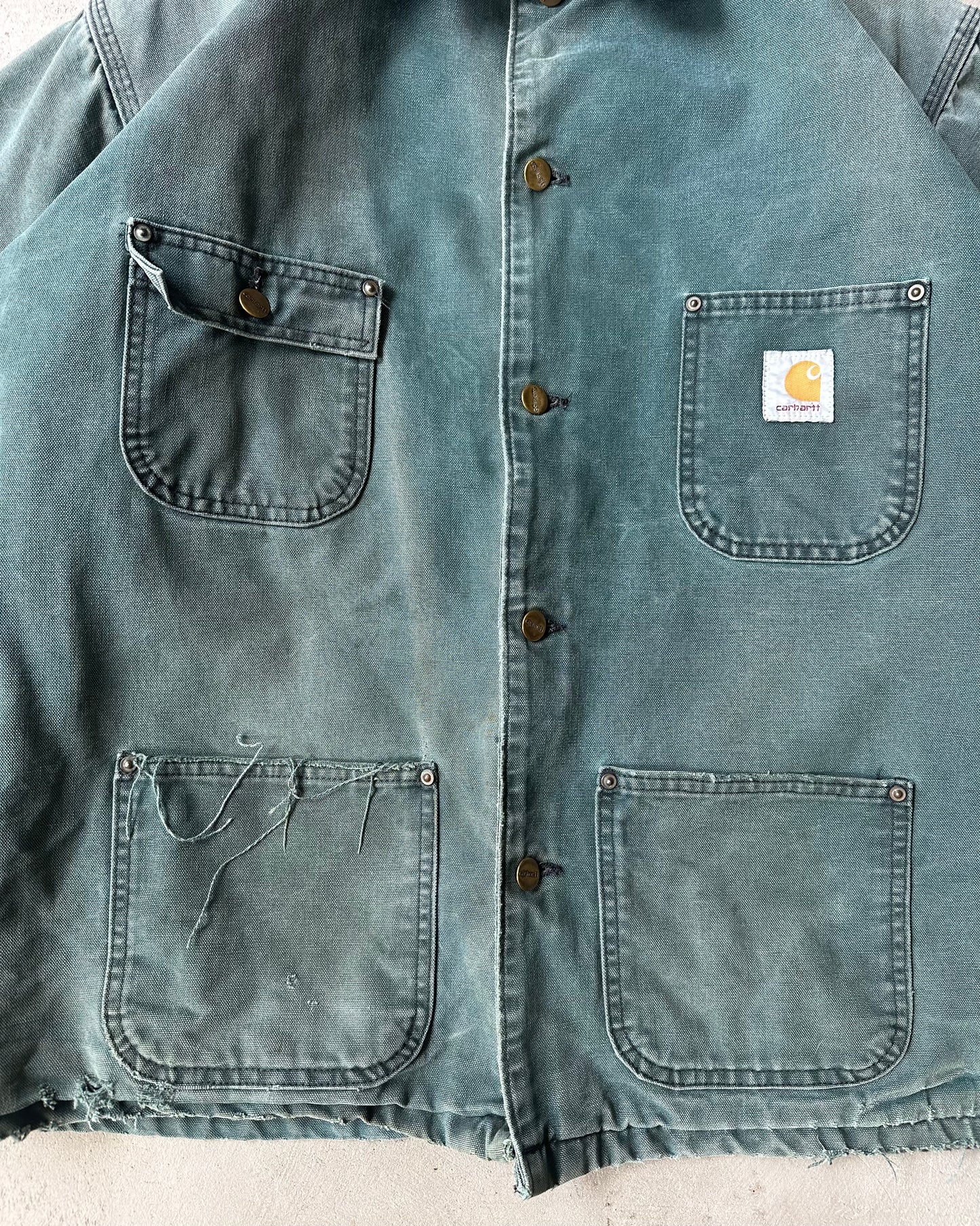 1990s - Distressed Teal Carhartt Chore Jacket - XXL