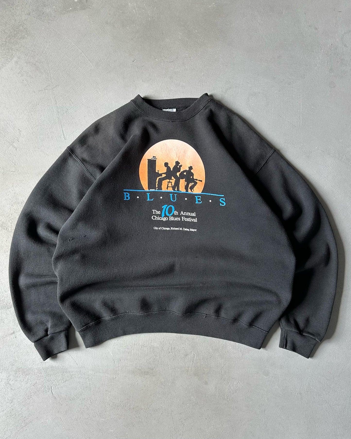 1990s - Distressed Black Blues Festival Crewneck - XL