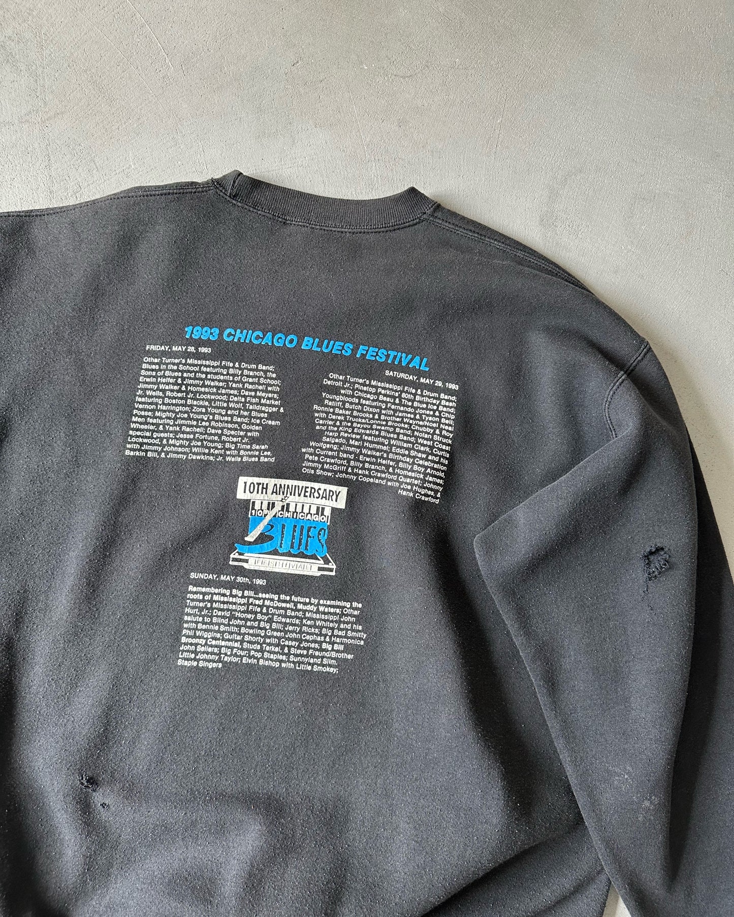 1990s - Distressed Black Blues Festival Crewneck - XL