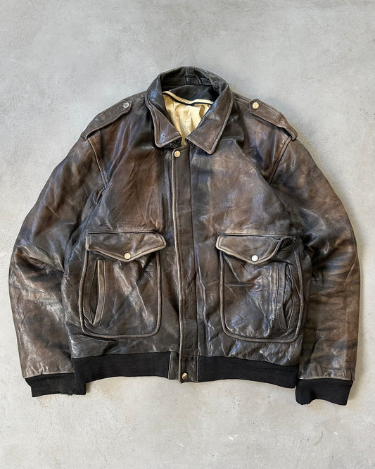 1990s - Faded Brown Aviator Leather Jacket - XL