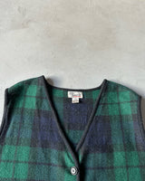 1990s - Navy/Green Plaid Wool Vest - XXL