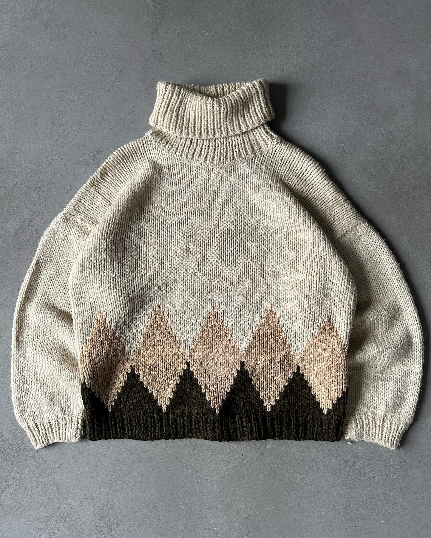 1980s - Cream/Green Hand Knit Turtleneck Sweater - L