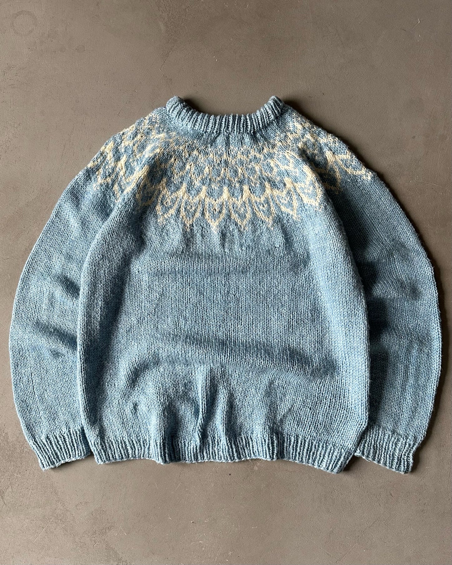 1970s - Light Blue/Cream Hand Knit Nordic Wool Sweater - XL