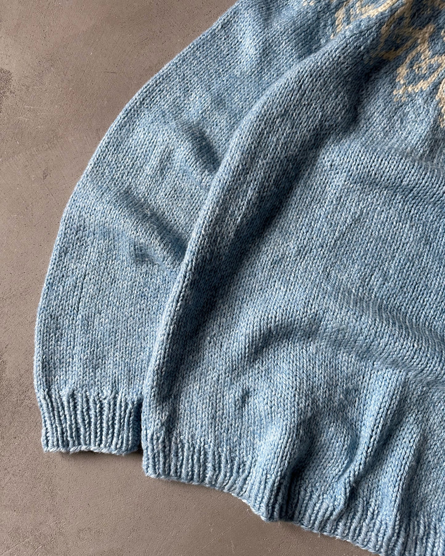 1970s - Light Blue/Cream Hand Knit Nordic Wool Sweater - XL