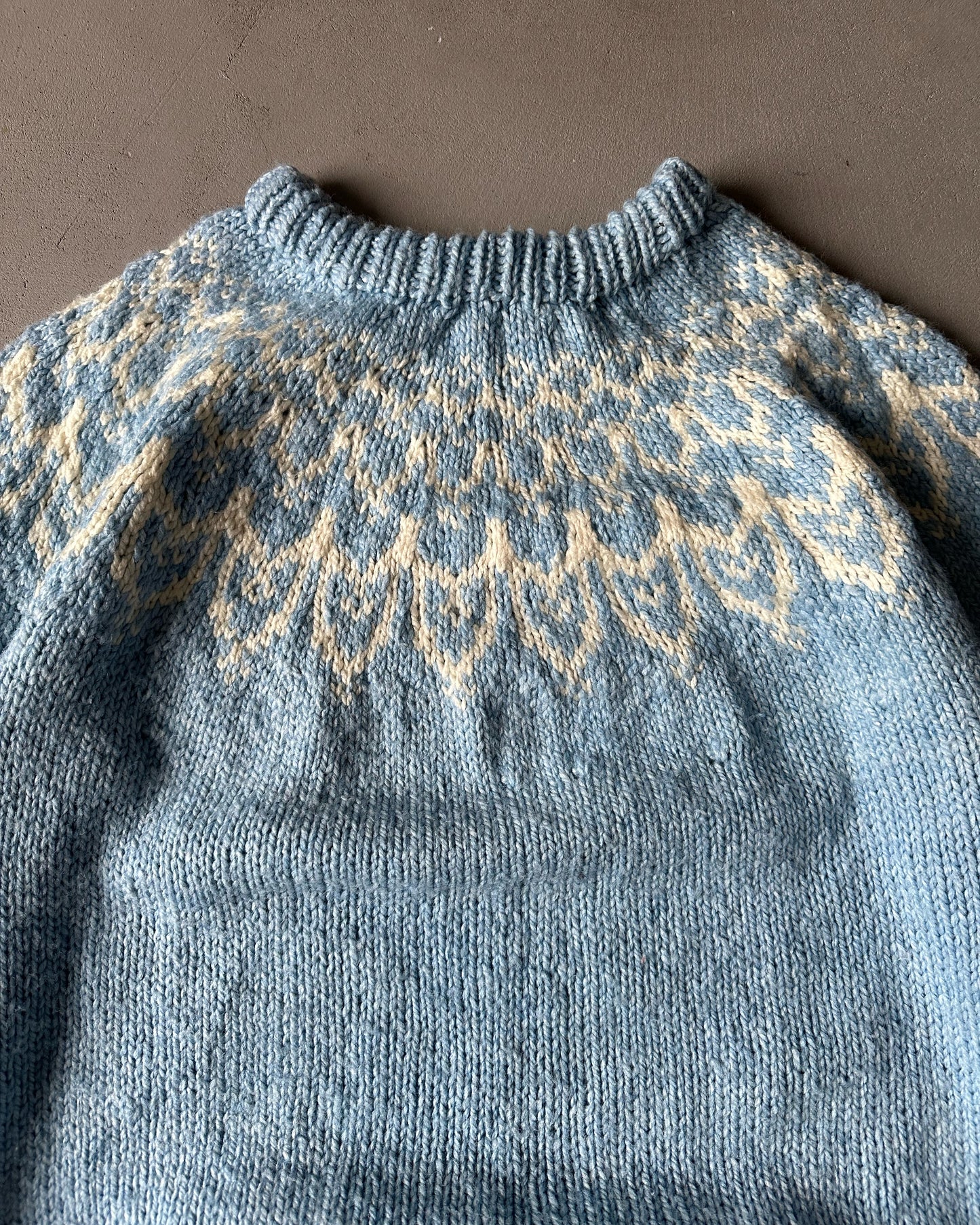 1970s - Light Blue/Cream Hand Knit Nordic Wool Sweater - XL