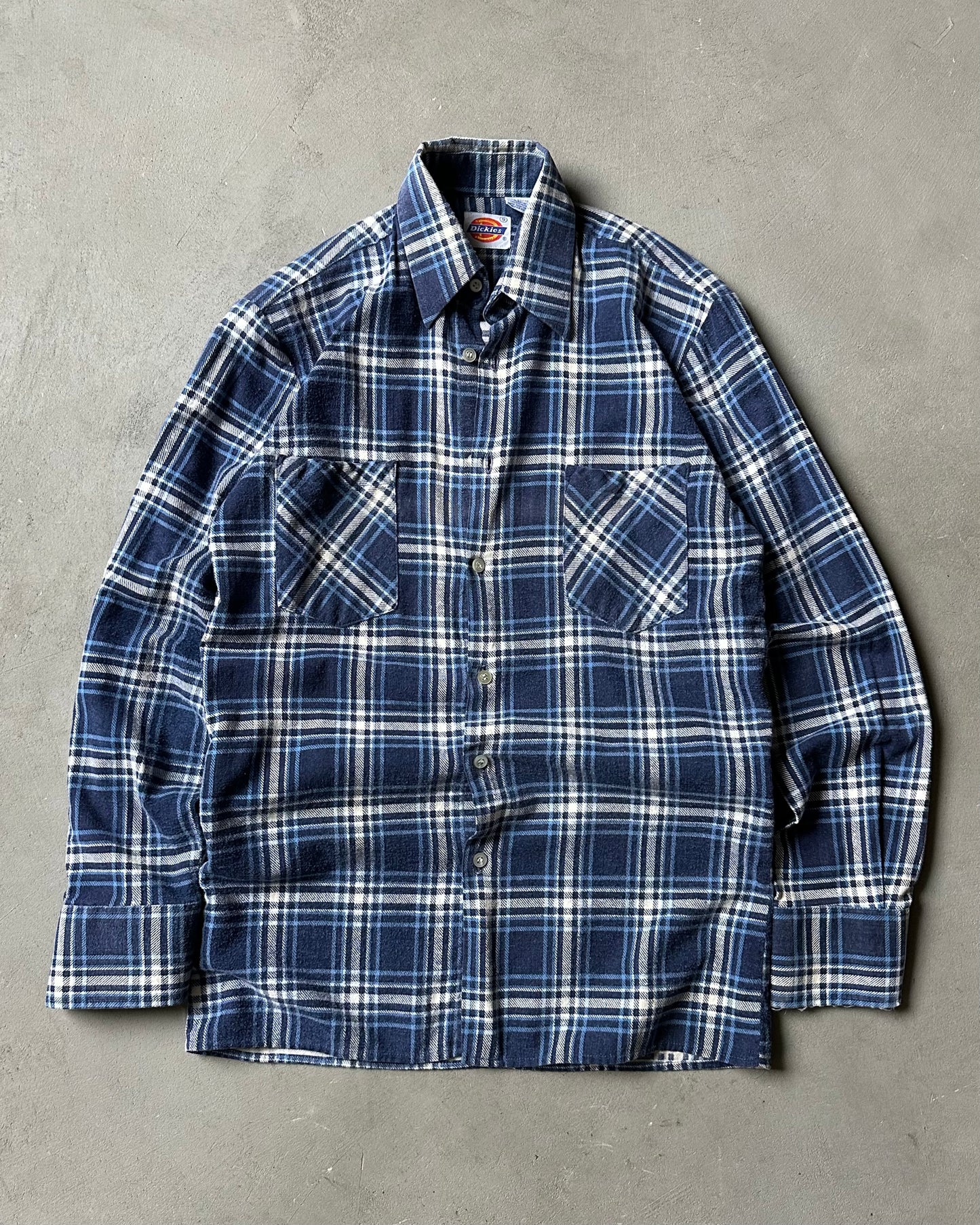 1990s - Distressed Blue Dickie's Plaid Flannel - XS/S