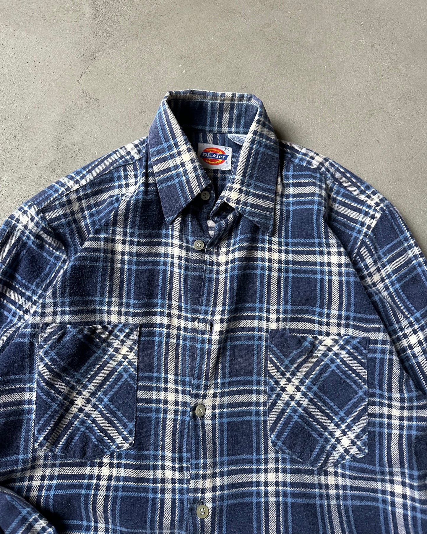 1990s - Distressed Blue Dickie's Plaid Flannel - XS/S