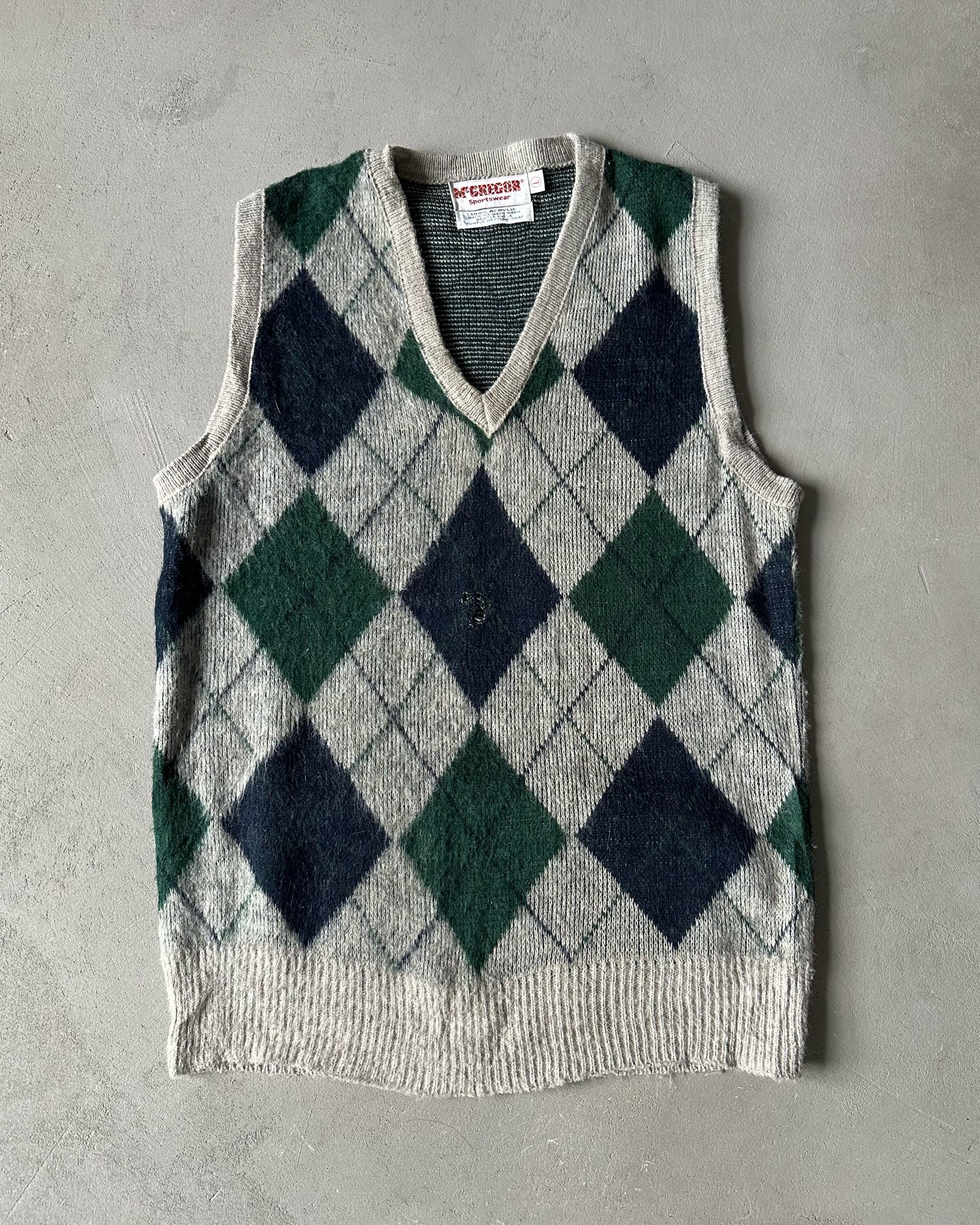 1980s - Distressed Grey/Green McGregor Argyle Sweater Vest - M