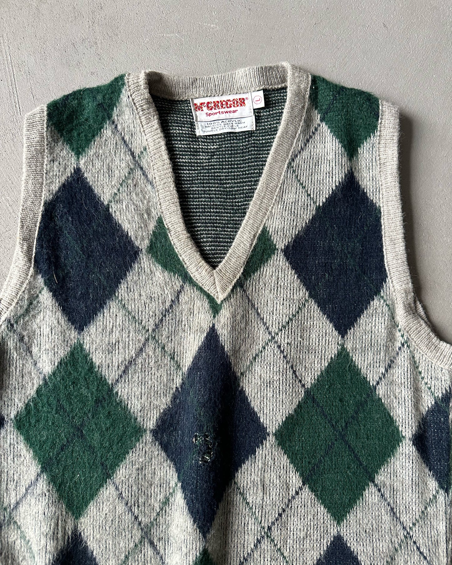 1980s - Distressed Grey/Green McGregor Argyle Sweater Vest - M