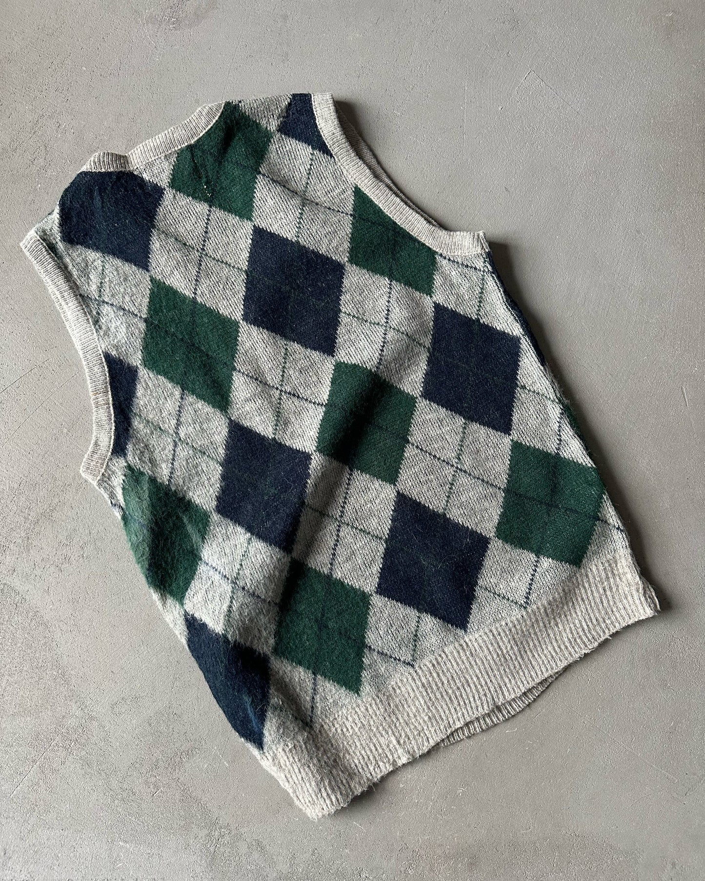 1980s - Distressed Grey/Green McGregor Argyle Sweater Vest - M