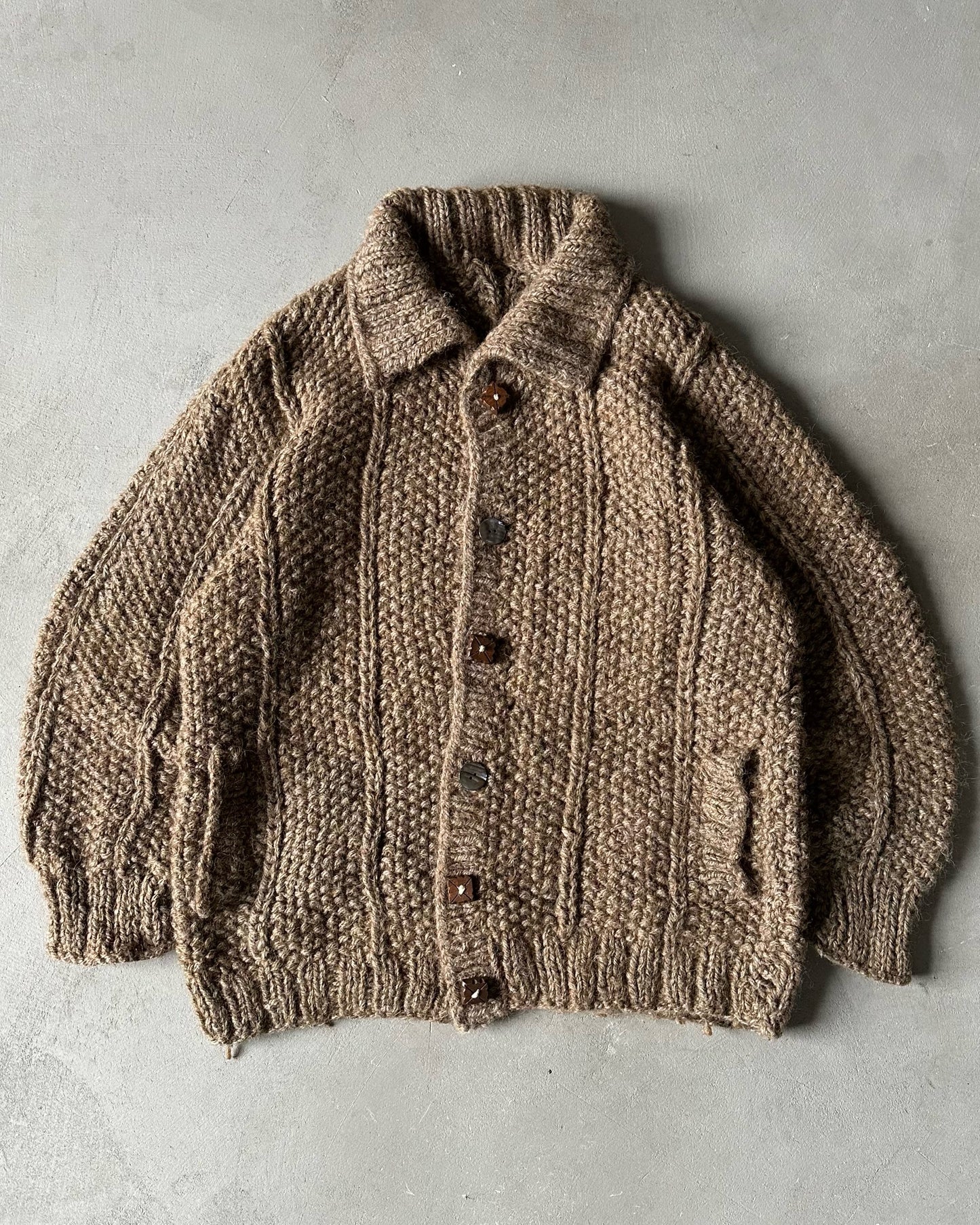 1980s - Brown Handknit Wool Collared Sweater - M