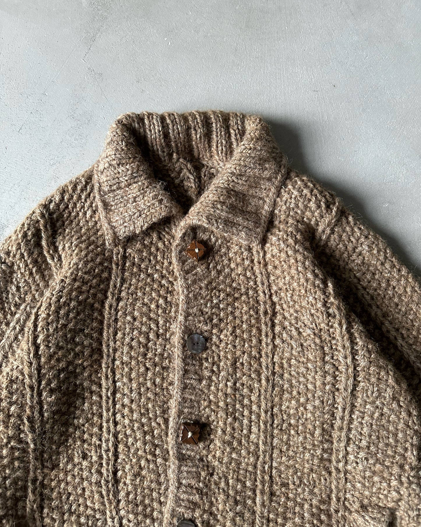 1980s - Brown Handknit Wool Collared Sweater - M