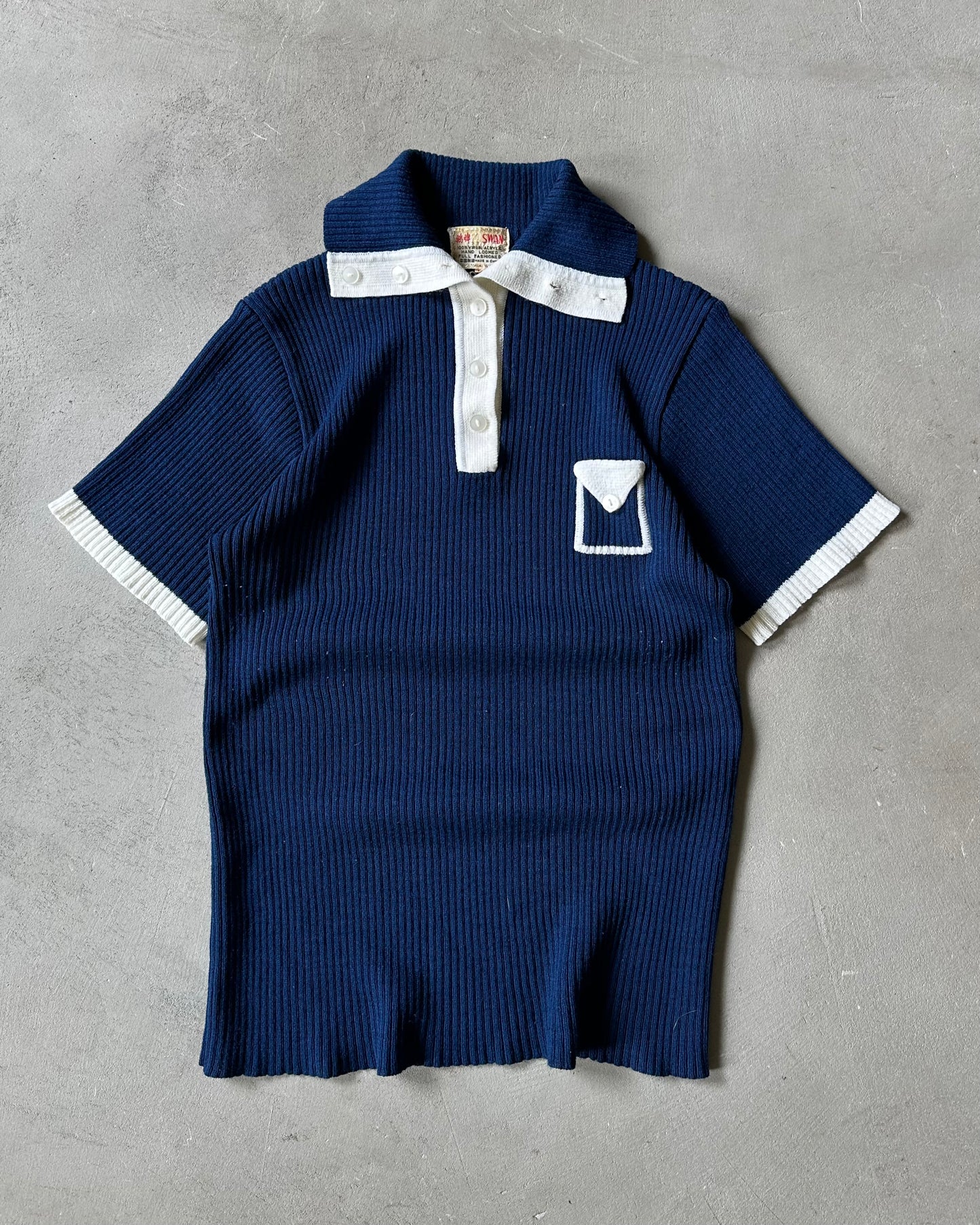 1970s - Navy/White Women's Knit Polo - (W)L