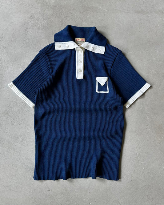 1970s - Navy/White Women's Knit Polo - (W)L