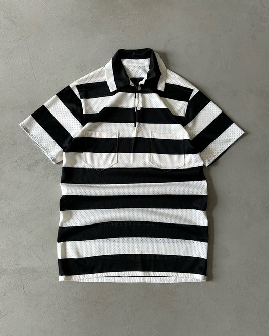 1980s - Black/White Striped Mesh Polo - M