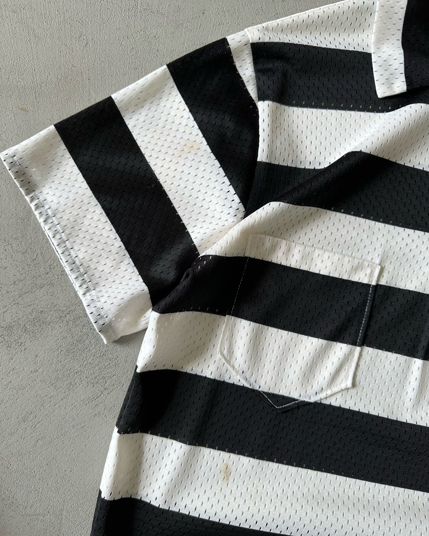 1980s - Black/White Striped Mesh Polo - M