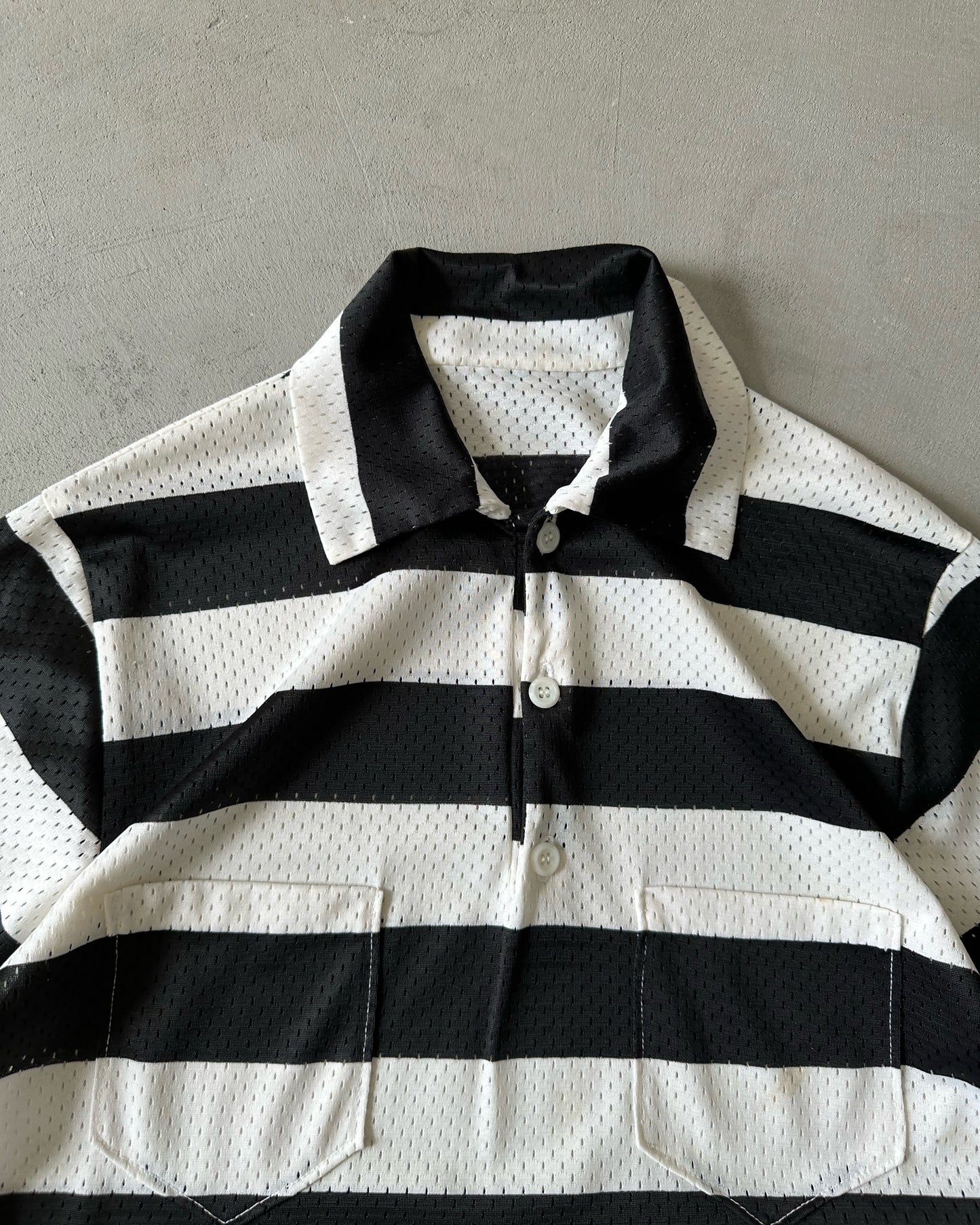 1980s - Black/White Striped Mesh Polo - M