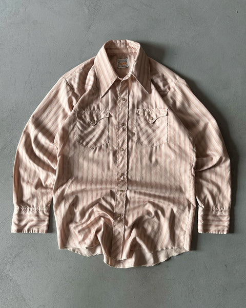 1970s - Beige Striped Western Pearl Snap Shirt - L