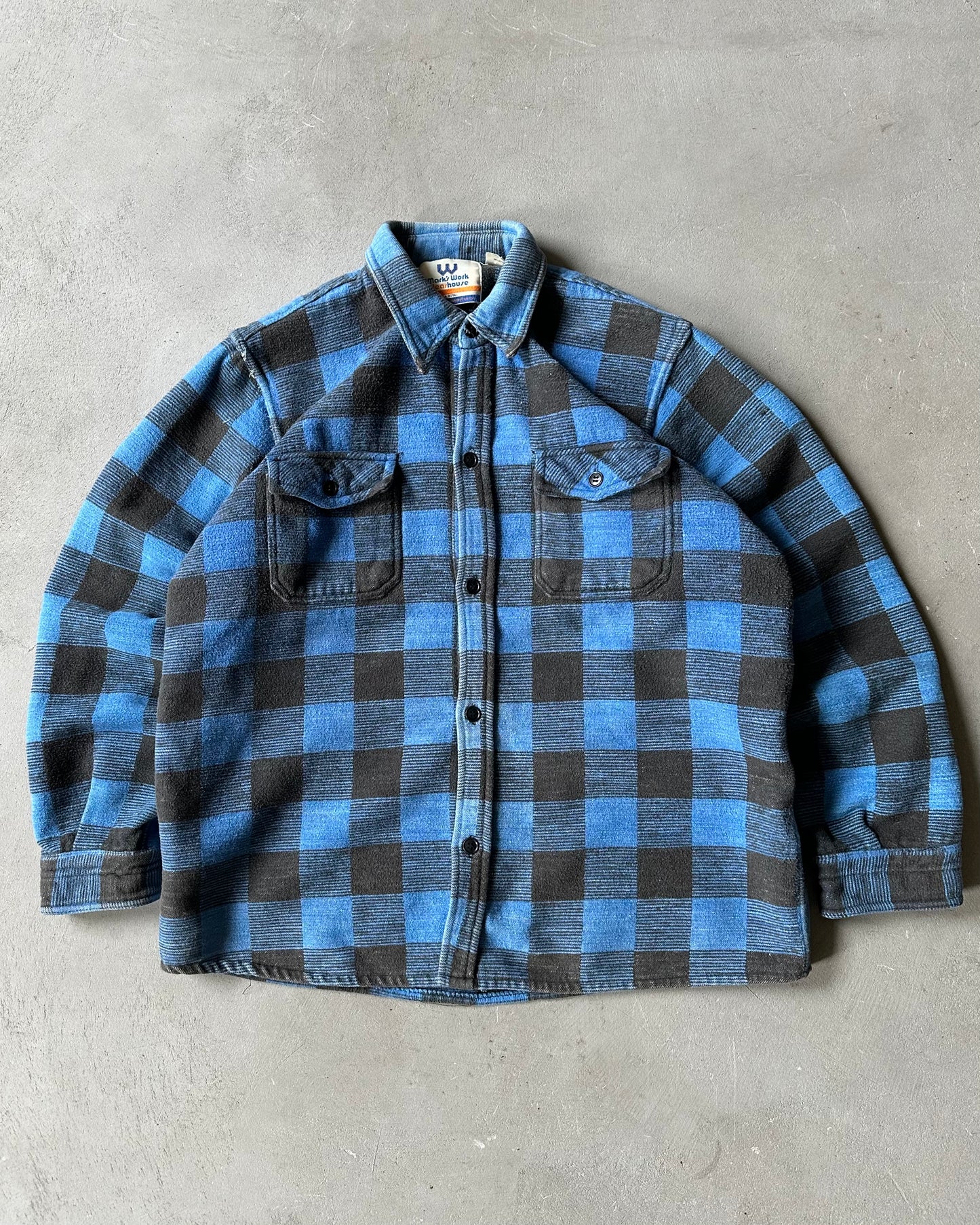 1980s - Faded Black/Blue Plaid Heavy Flannel - M