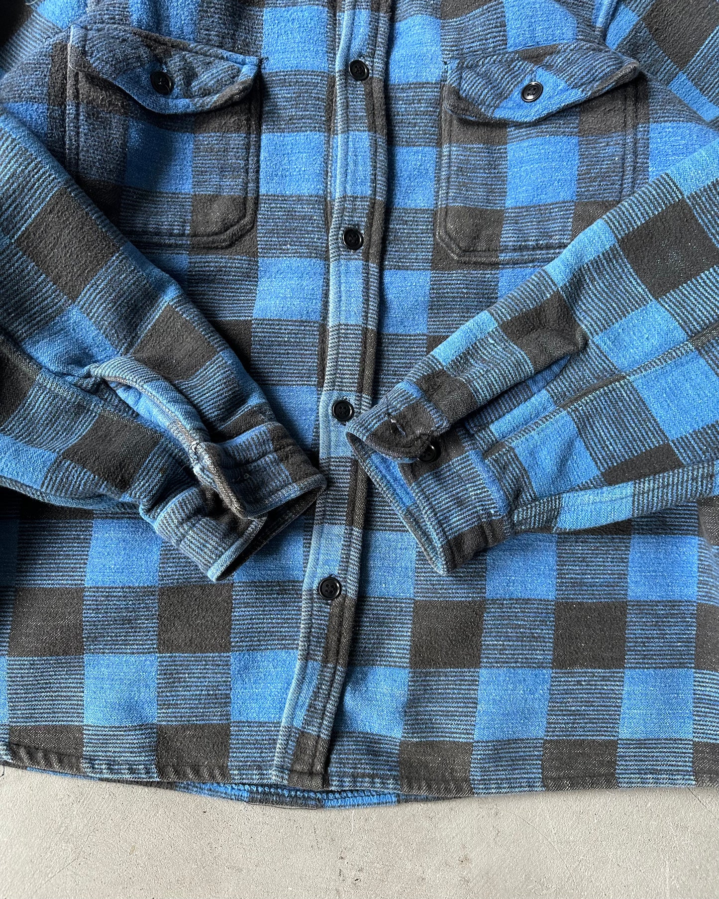 1980s - Faded Black/Blue Plaid Heavy Flannel - M