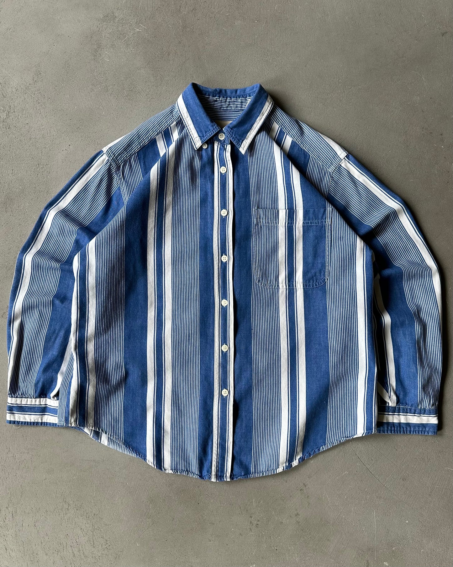 1990s - White/Blue Women's Striped Shirt - (W)M