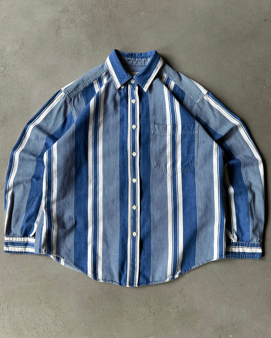 1990s - White/Blue Women's Striped Shirt - (W)M