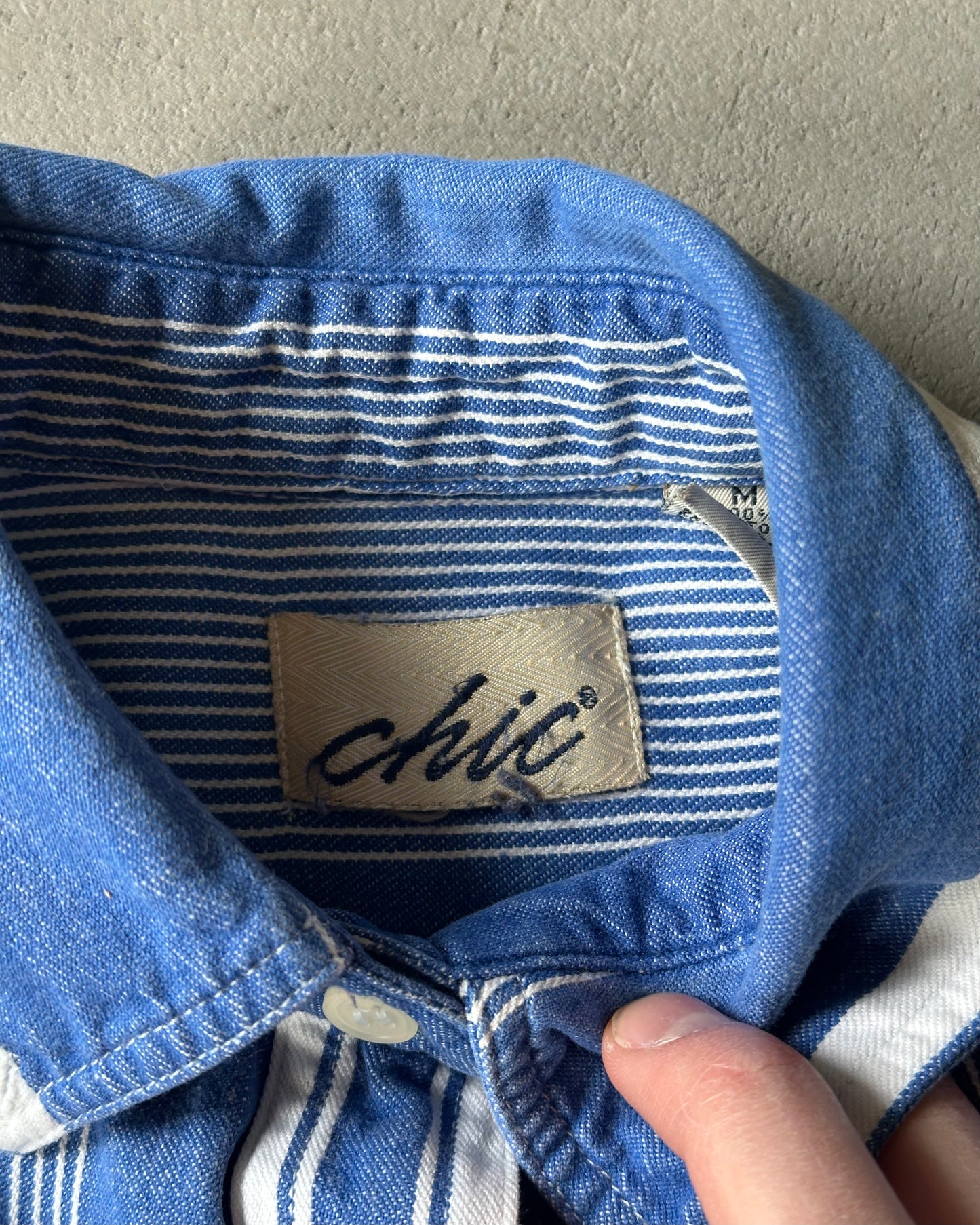 1990s - White/Blue Women's Striped Shirt - (W)M