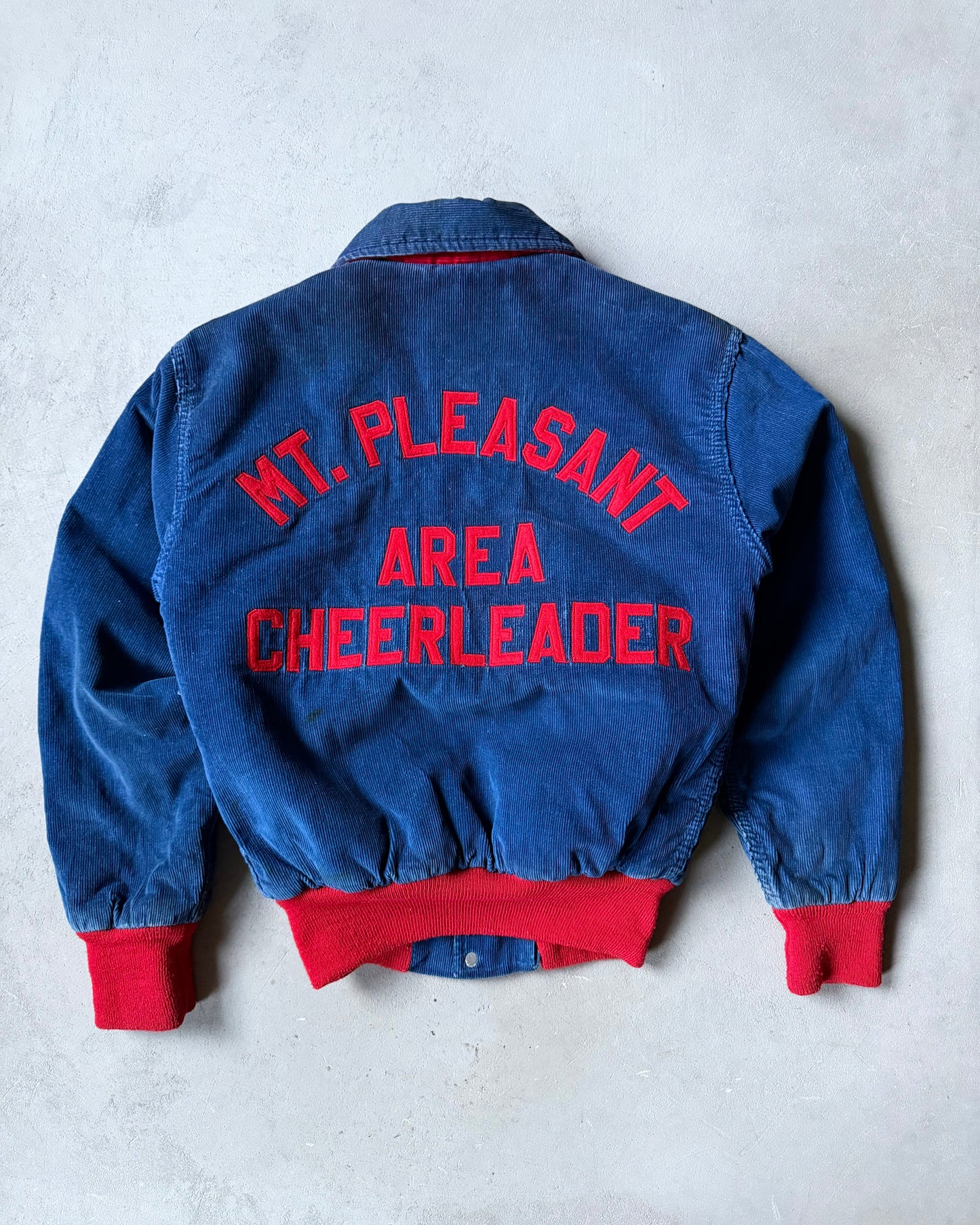 1980s - Distressed Navy/Red Mt. Pleasant Cheerleader Varsity Jacket - S