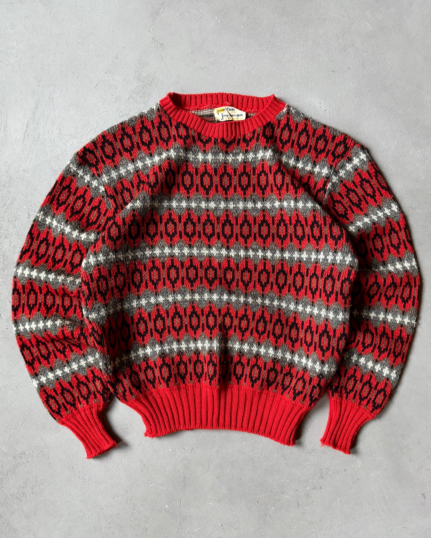1970s - Red/Grey Puritan Fair Isle Wool Sweater - S/M