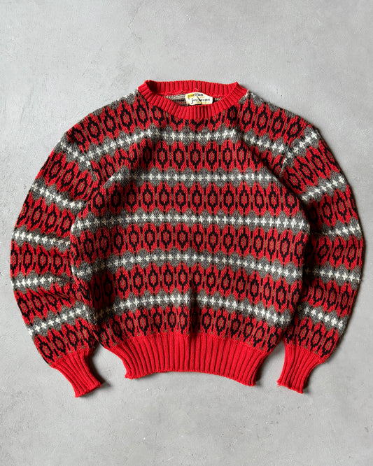 1970s - Red/Grey Puritan Fair Isle Wool Sweater - S/M