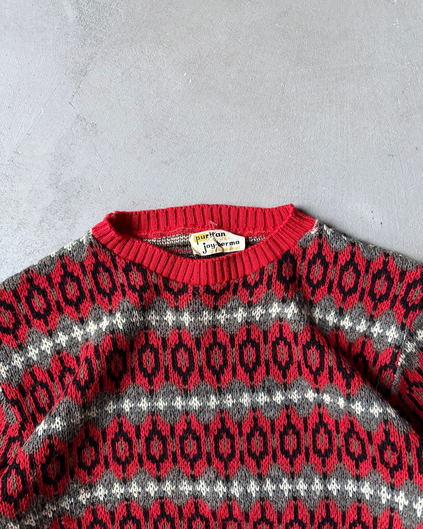 1970s - Red/Grey Puritan Fair Isle Wool Sweater - S/M