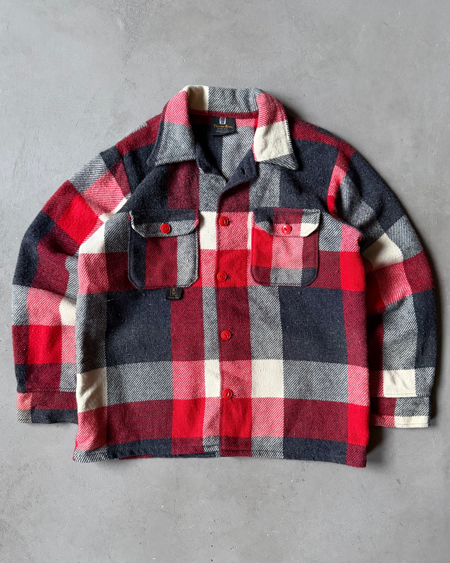 1970s - Red/Charcoal Plaid Wool Shacket - M/L