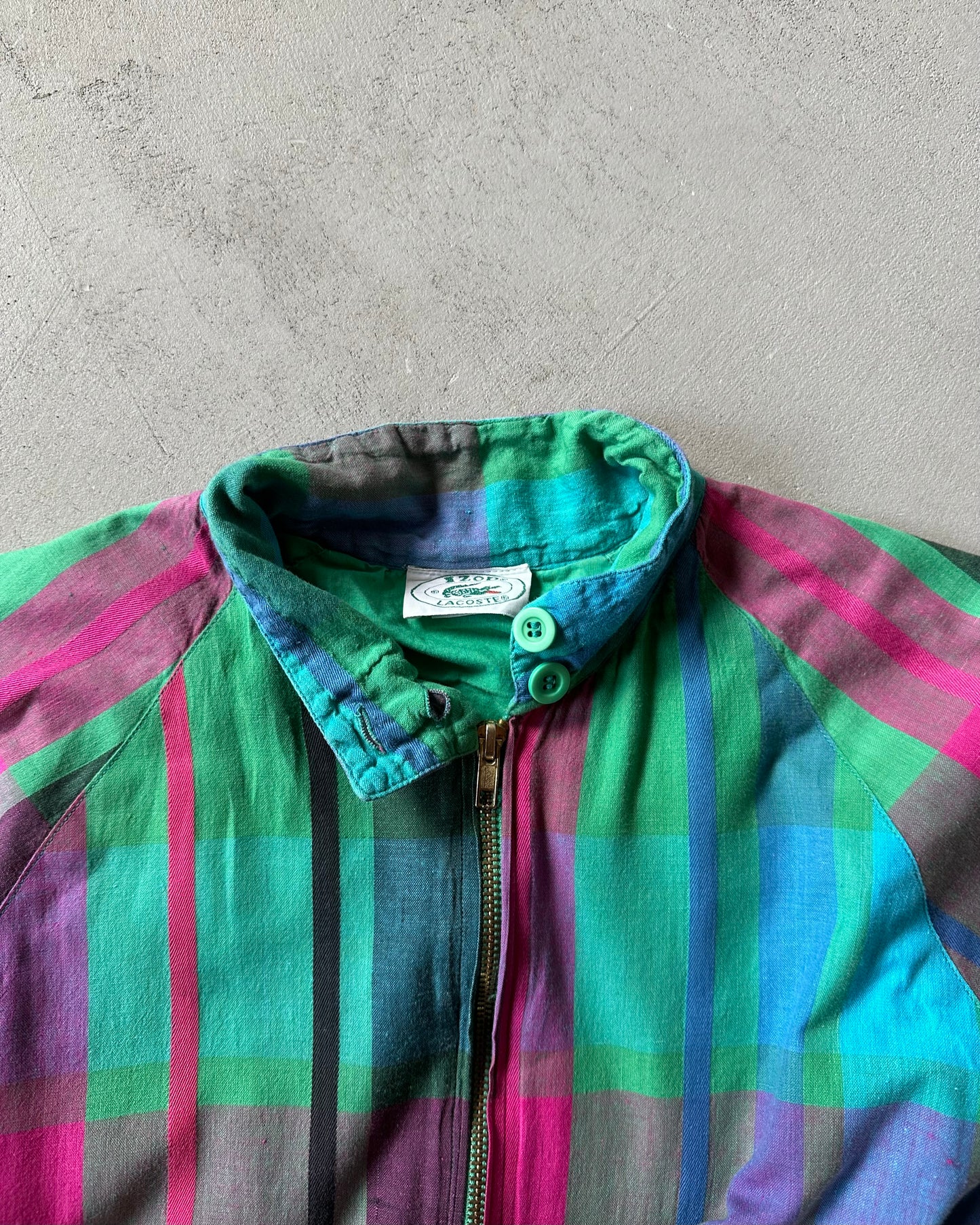 1980s - Green/Pink Lacoste Madras Harrington Jacket - S