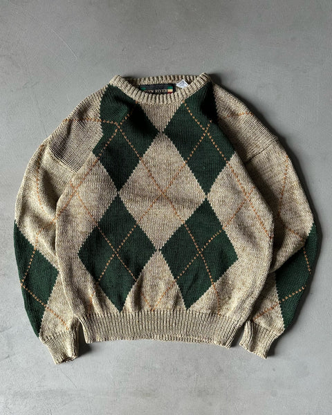 1990s - Beige/Green Argyle Cotton Sweater - L