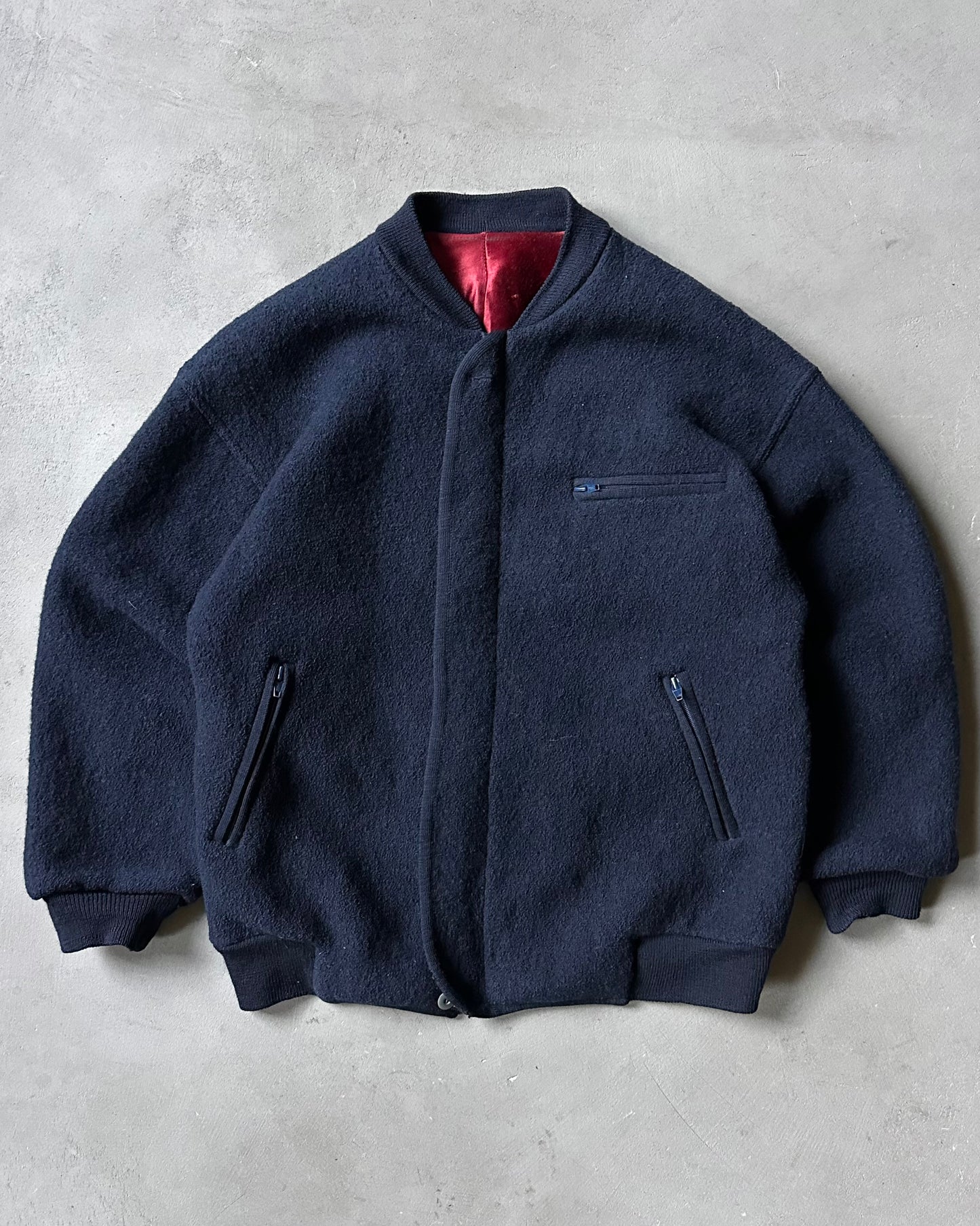 1990s - Navy Bouclé Wool Bomber Jacket - M