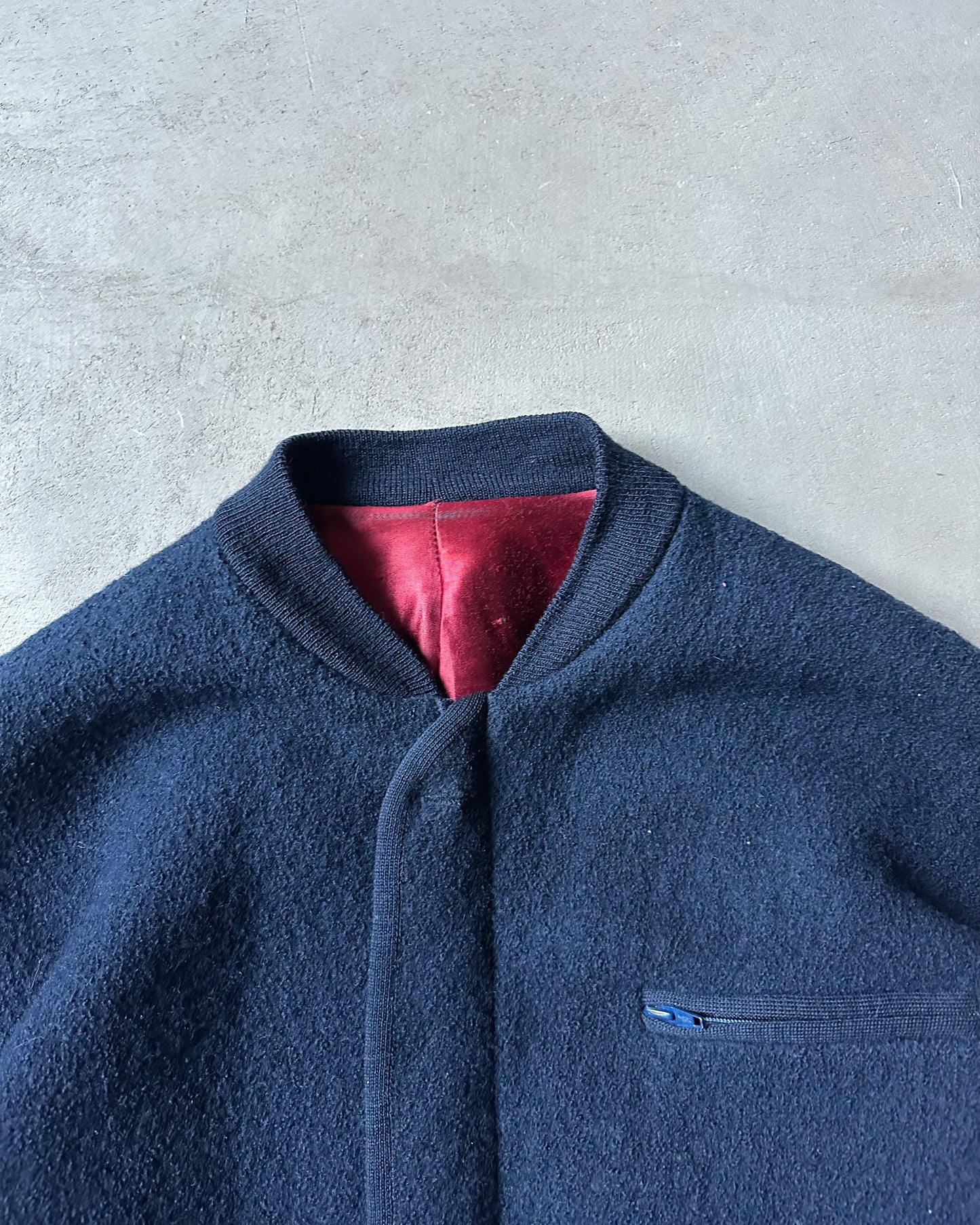 1990s - Navy Bouclé Wool Bomber Jacket - M