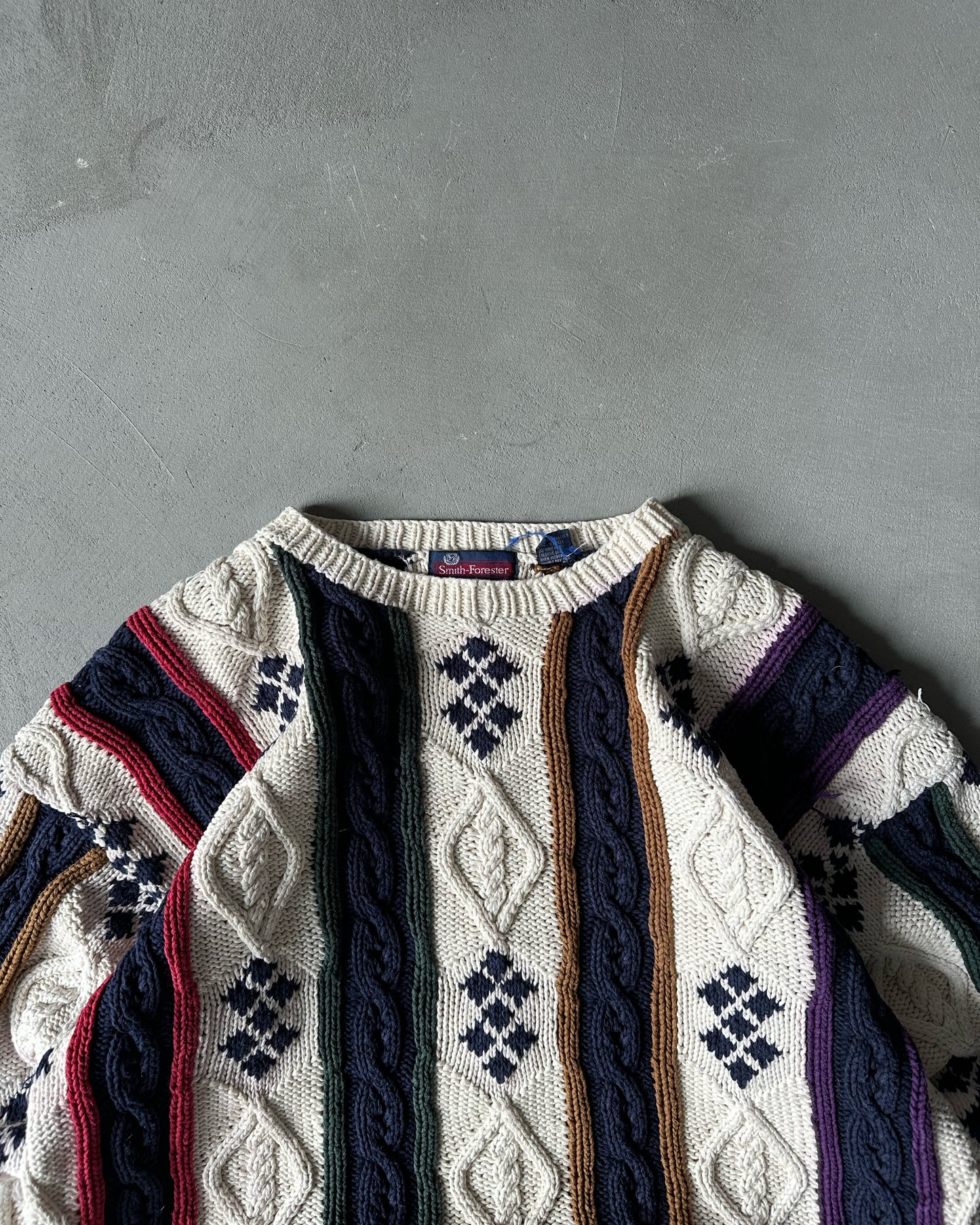 1990s - Cream/Navy Cableknit Cotton Sweater - M