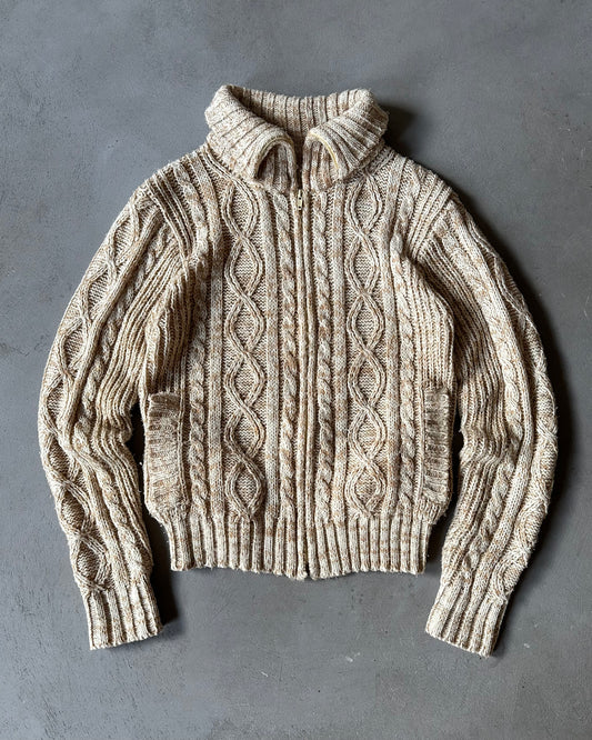 1980s - Oatmeal Cableknit Zip Up Sweater - S