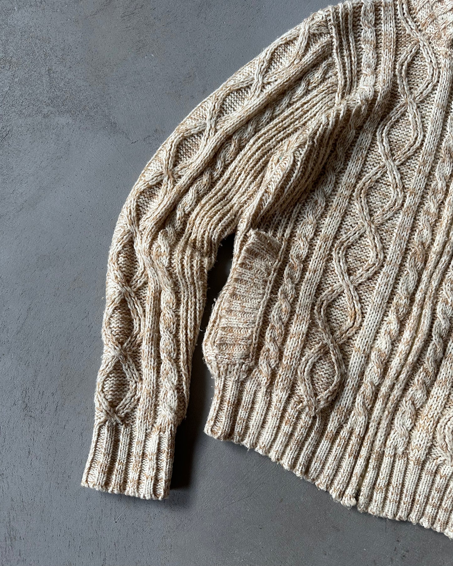 1980s - Oatmeal Cableknit Zip Up Sweater - S